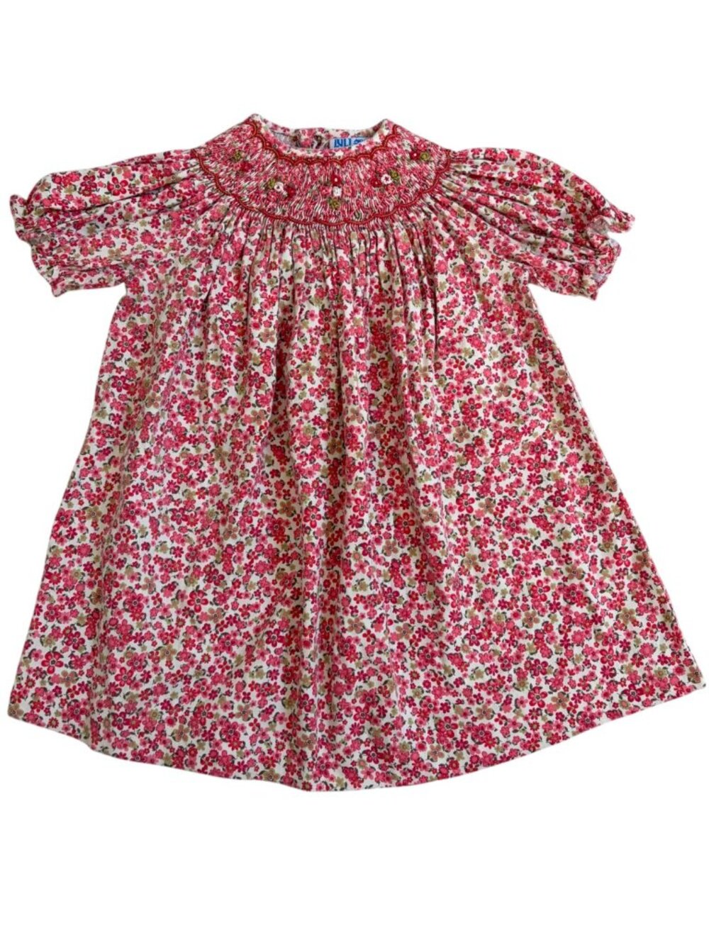 Luli & Me Cream Pink And Red Floral Smocked Bishop Dress size 2T